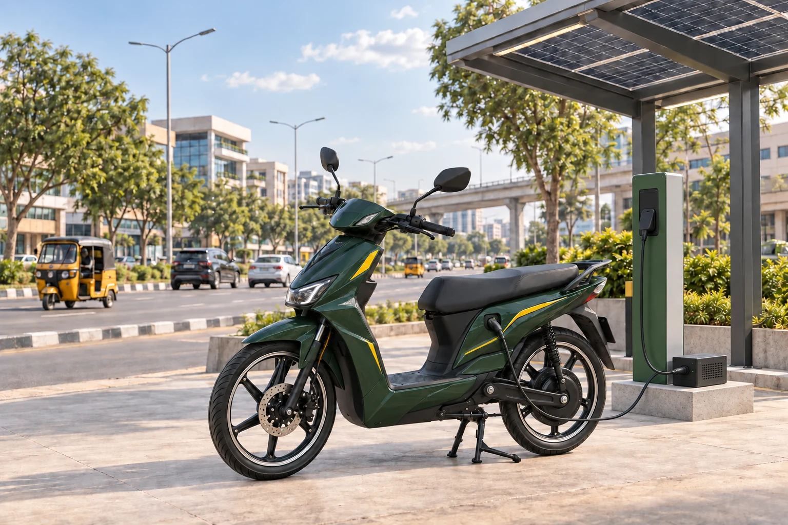 Illustration of a green electric bike connected to a charger and power block beneath a solar canopy in a modern city